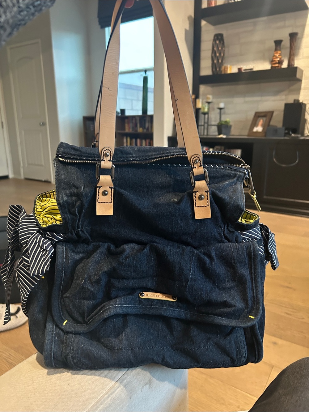 Juicy Couture Navy Denim Tote with Tan Handles and Yellow Accents
